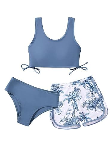 Girl's 3 Piece Bikini Bathing Suit Printed Sport Swimsuits with Shorts Cove Up Sets Teen Girl's Swimwear - 10 Years - I