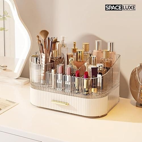 SpaceLuxe Makeup Organizer with Drawers and 360° Rotating Brush Holder, Large Capacity Cosmetic Storage for Vanity, Skincare, Perfume, Hair Accessories, Lipstick & Jewelry (Cream White, 2-layer) thumbnail 7