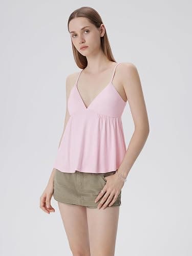 SUUKSESS Women V Neck Babydoll Tank Tops with Built in Bra Summer Cute Peplum Cami Going Out Tops thumbnail 3