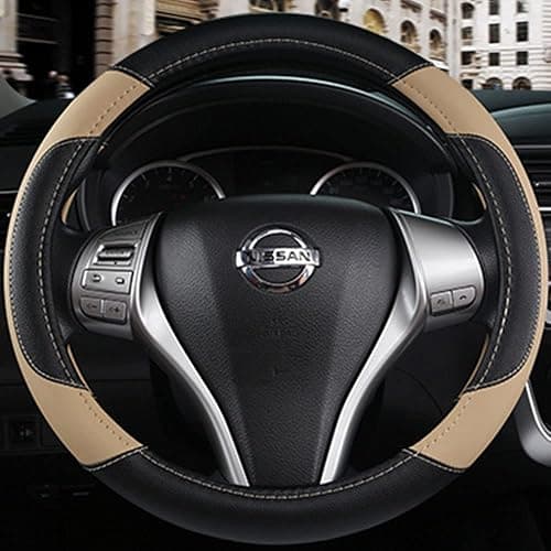 Leather Car Steering Wheel Cover, Non-Slip Car Wheel Cover Protector Breathable Microfiber Leather Universal Fit for Most Cars(Beige) thumbnail 4