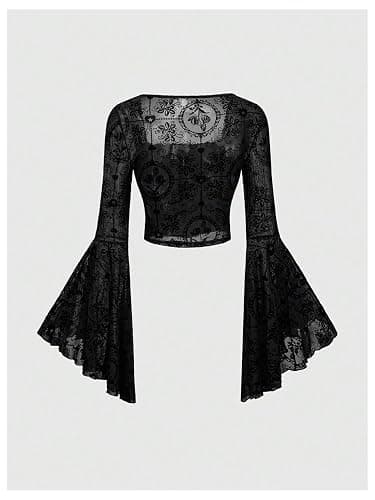 Verdusa Women's Gothic Flare Sleeve Flower Pattern Tops Velour Cross Lace-up Waist Crop Tops - Small - Black thumbnail 2
