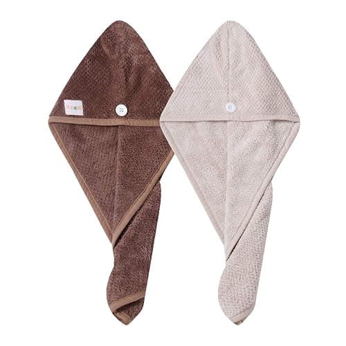 M-bestl 2 Pack Hair Drying Towels,Hair Wrap Towels,Absorbent Microfiber Hair Towel Turban with Button Design to Dry Hair More Quicker（Khaki&Coffee） thumbnail 2