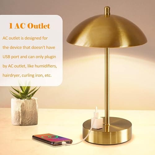 Modern LED Desk Lamp with AC Adapter,12" 3-Way Dimmable Touch Bedside Reading Lamp, Minimalist Gold Small Nightstand Table Lamp with Mushroom Dome Shade for Bedroom Living Room Office, Bulb Included thumbnail 3
