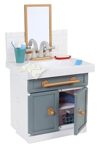 Little Tikes First Bathroom Sink with Real Working Faucet Pretend Play for Kids, 12 Bathroom Accessories, Interactive Unique Toy Multi-Color, Ages 2+ Grey - Image 1