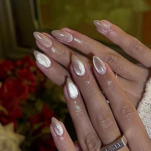 KQueenest Glitter Cat Eye Press on Nails Medium Short Almond, 30 Pcs Thick Cute Acrylic Nails Press on, Gel Fake Nails Short with UV Coating, Reusable Glue on Nails for Women Daily Wear, Nude Sparkle thumbnail 2