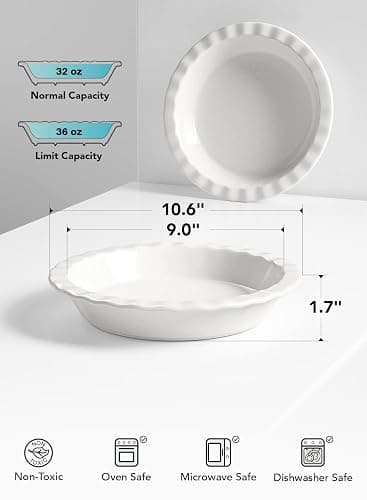 LE TAUCI Ceramic Pie Pans for Baking, 9 Inches Pie Plate for Apple Pie, Round Baking Dish, 36 Ounce Fluted Dish Pie Pan, Set of 2, White thumbnail 3