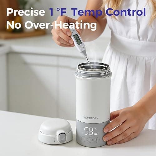 WONDBORN Portable Bottle Warmer for Travel, Dishwasher Safe, 3X Faster & Even Heating, 8 Feeds per Charge, 17oz, 1℉ Precise Adjust, Thaw, Keep Warm, Use While Charging, for Breastmilk & Formula thumbnail 5