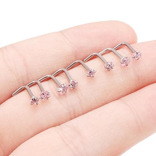 Ftovosyo Hypoallergenic Nose Rings Studs 18G & 20G Surgical Steel Nose Studs L Shaped Nostril Piercing Jewelry with Pink Cubic Zirconia for Women & Men thumbnail 4