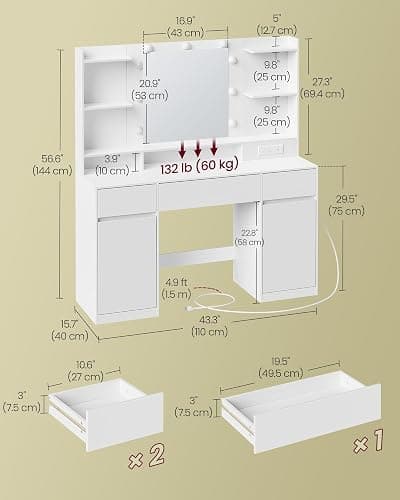 VASAGLE 43.3-Inch Vanity Desk with Mirror and Lights, 3 Drawers 2 Cabinets | Modern Vanity Table with 9 LED Bulbs, Power Outlets, for Bedroom, Cloud White, KAILYN Collection URDT142WB01S thumbnail 2