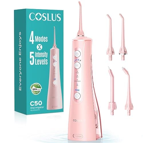 COSLUS ADA Accepted C50 Water Dental Flosser, 4 Modes 5 Power Levels, Pink | Professional Water Teeth Pick for Braces, Orthodontics & Sensitive Gums, Compact Cordless for Family Home Travel - Image 1