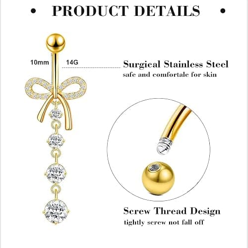 14G Belly Button ring Dangle Belly Rings Surgical Stainless Steel Cute Bow Butterfly Heart Flower Dangling Belly Button Piercing Jewelry For Women Silver Dainty Dangly Navel Ring thumbnail 2
