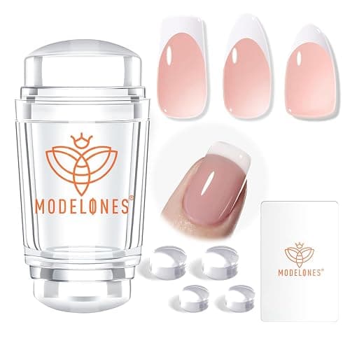 modelones French Tip Nail Tool 6Pcs Nail Stamp Silicone French Tips Stamp | with 2 Sizes Replacement Heads Nail Stuff for French Manicure Home DIY Salon with Jelly Stamper Scraper Nail Stamping Kit - Image 1