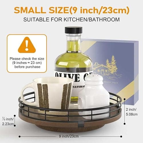 AMH 9-Inch Farmhouse Oak Lazy Susan Cabinet Organizer, Walnut Finish | Smooth rotating oak tray with walnut finish for dining tables, kitchen counters, pantries and cabinet storage. thumbnail 3