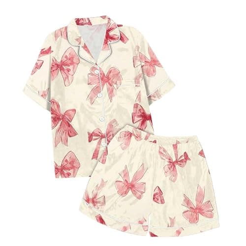 Pink Puff 2 Piece Outfits for Girls Bow Printed Pajam𝙖 Set Silk Lapel Button Down Short Sets Cute Preppy Clothing Sets 2-13Y - Image 1