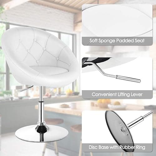 COSTWAY Vanity Chair, Contemporary Height Adjustable Makeup Chair with Chrome Frame, Tufted Round-Back, Modern Swivel Accent Chair for Lounge, Pub, Bar, White thumbnail 6