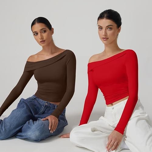 QINSEN Women Long Sleeve Off Shoulder Tops Trendy Double Lined Going Out Shirt for Fall thumbnail 6