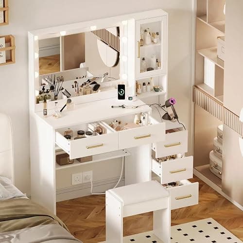 35.4" Makeup Vanity Desk with Charging Station, White Makeup Dressing Table with Mirror & Lights, 3 Lighting Modes Adjustable Brightness, Vanity Table with Power Outlet &5 Drawers Gold Handle thumbnail 3