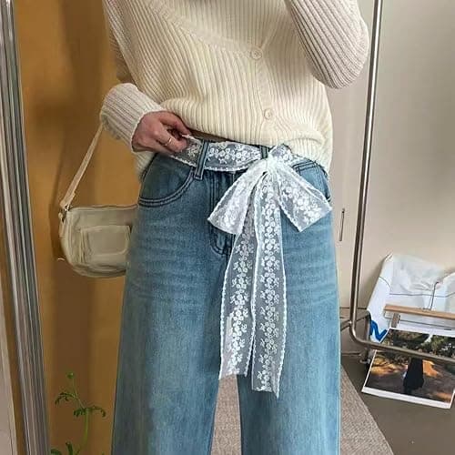 Qojai White Lace Ribbon Scarf Belt Fancy Long Lace Scarf Belts for Women Waist Belts for Jeans Floral Bow Waistband Tie Belt Soft Mesh Fabric Waist Scarves Headscarf Women's Streetwear Accessories thumbnail 4