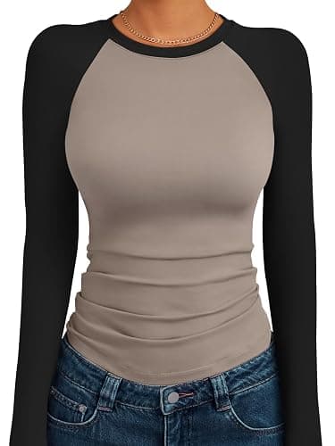 Trendy Queen Women's Long Sleeve Shirts Slim Fit Stretchy Color Block Slightly Cropped Tops - Image 1