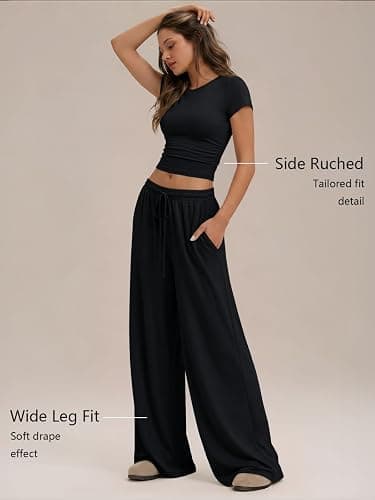 Trendy Queen Women's 2 Piece Matching Summer Lounge Set with Pockets | Vacation Airport Travel Outfits, Workout Gym Clothing Comfy Athleisure Clothes, Side-ruched Top, Drawstring Wide Leg Pants thumbnail 3