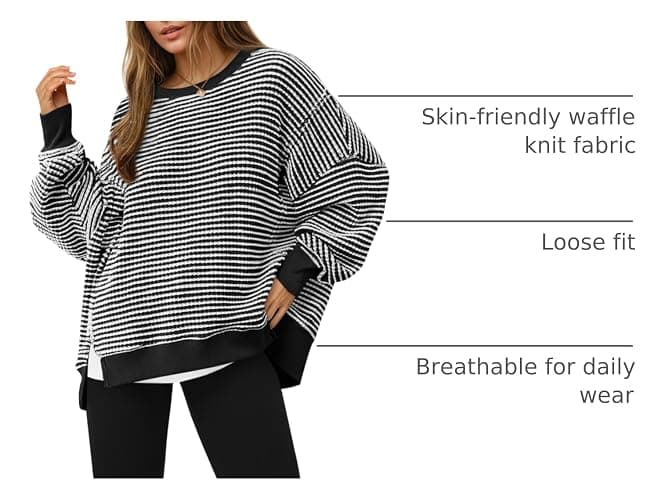 Fisoew Women's Fall Oversized Sweatshirt Casual Waffle Knit Long Sleeve Crewneck Split Pullover Tunic Tops thumbnail 4