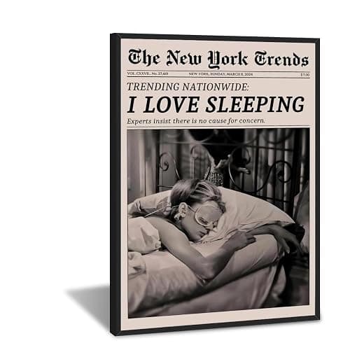 Retro Newspaper Wall Art Vintage Feminist Aesthetic Poster Black and White Canvas Print Funky Girl I Love Sleeping Art for Women Girly Bedroom Dorm Wall Decor 8x12inch black framed - Image 1