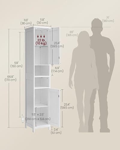 VASAGLE Tall Storage Cabinet with Lights, Slim Freestanding Cabinet with Adjustable Shelves, for Small Spaces, Bathroom, Living Room, Modern, 11.8 Inches Wide, Cloud White UBBC566W02 thumbnail 3
