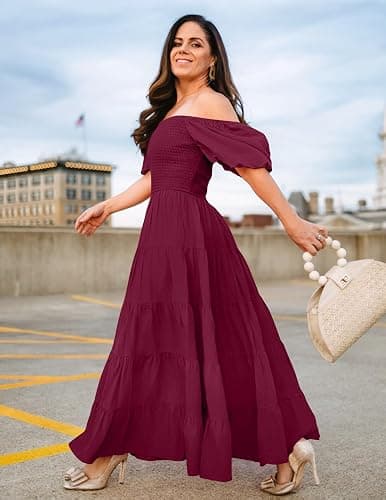 ZESICA Women's 2025 Summer Square Neck Short Puff Sleeve Solid Color High Waist Casual Smocked Flowy A Line Tiered Midi Dress thumbnail 7