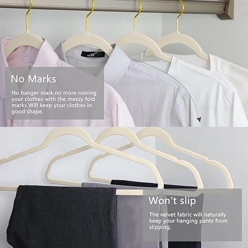 MIZGI Premium Velvet Hangers Pack 50 Pcs Heavyduty - Non Slip Slimline - Velvet Suit Hangers Ivory - Gold Hooks,Space Saving for Clothes - Ivory/Gold - 50-Pack thumbnail 4