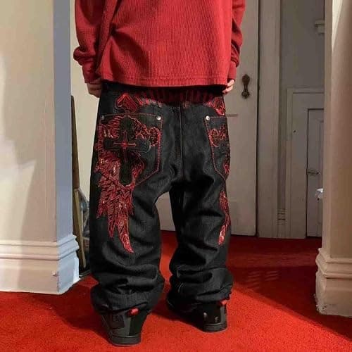 Ethbox Men's Hip-hop Retro Skull Embroidered Washed Denim Pants Y2K Jeans Gothic Straight Tube Loose Wide Leg Pants thumbnail 3