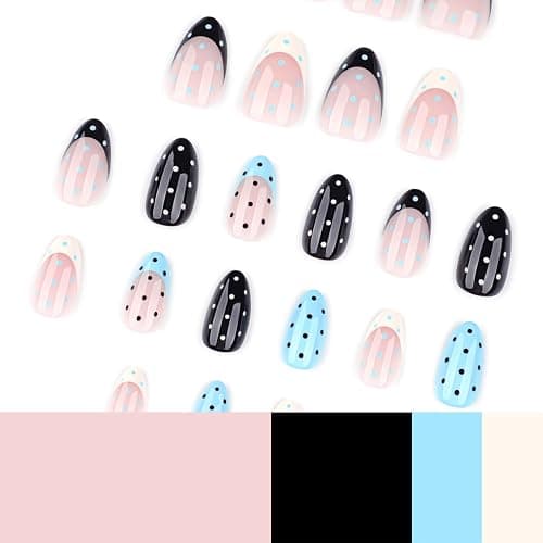 24PCS Soft Gel Press On Nails Almond Polka Dot Nude Blue Black Glossy, Reusable Glue On Fake Nails Acrylic Look False Nails for Women thumbnail 4