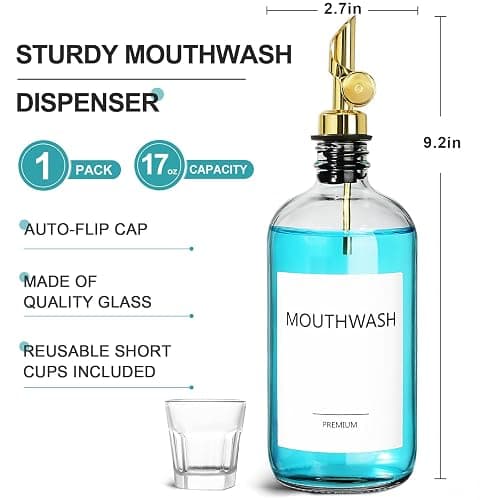 TOLDATLI Mouthwash Dispenser for Bathroom, 1 Pack Glass Mouth Wash Container with Cup, 17 Fl Oz Mouthwash Decanter Bottle Set, Refillable Mouthwash Pump Dispenser thumbnail 3