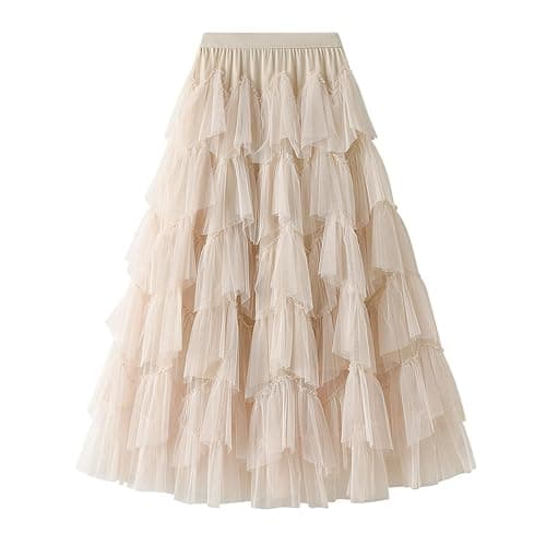 Dirholl Women's A-Line Fairy Patterned Elastic Waist Ruffle Tulle Layered Midi Skirt - Image 1