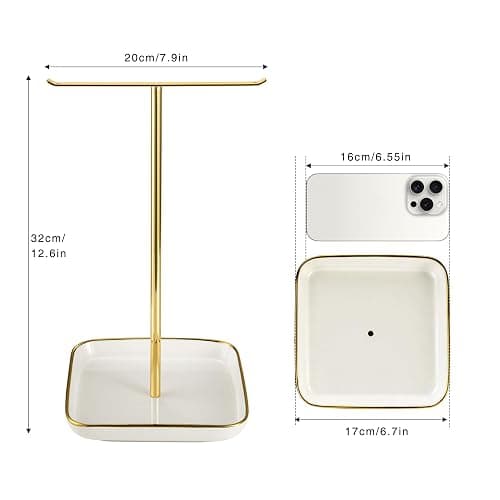 Jewelry Holder Stand with Ceramic Base: 12" Tall Necklace Organizer Rack, Tree Design Display Storage for Necklaces, Bracelets, Rings, Earrings, Aesthetic Room Décor for Girls and Women, Gold thumbnail 3