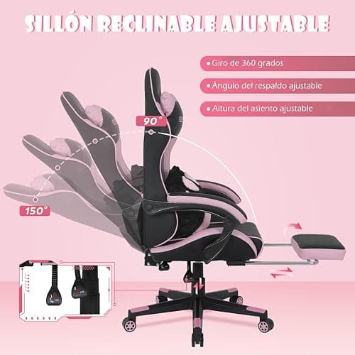 YU YUSING Bonita Silla Gaming con Pata de Gato Cojín Lumba y Orejas de Gato, Silla Gamer Ergonómica Escritorio, Reposapiés Reposacabeza, Caldera de Ordenador para Niñas, Adolescentes, Oficina, Rosa thumbnail 2