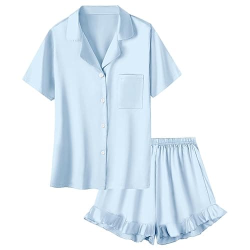 Umeyda Girls & Women Satin Pajamas Set Button Down 2 Piece Silk Pjs Shorts Set Ruffle Sleepwear, 5 Years-Women L - Blue Light - 9-10 Years