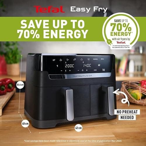 Tefal Easy Fry Dual Zone Digital Air Fryer, 2 Drawers, 8.3L, 8in1, Air Fry, Extra Crisp, Roast, Bake, Reheat, Dehydrate, 6 Portions, Non-Stick, Dishwasher Safe Baskets, Black & Metal EY901840 thumbnail 2