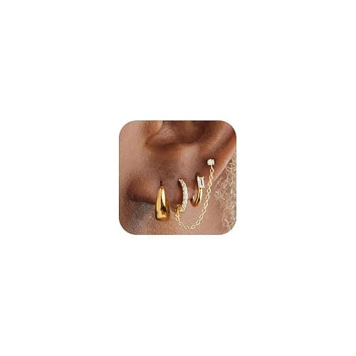 Gold Earrings Set for Women, 14k Gold Plated Dangle Huggie Earrings Sets for Multiple Piercing, Hypoallergenic Stackable Small Gold Chain Hoop Earrings for Women Jewelry - Image 1