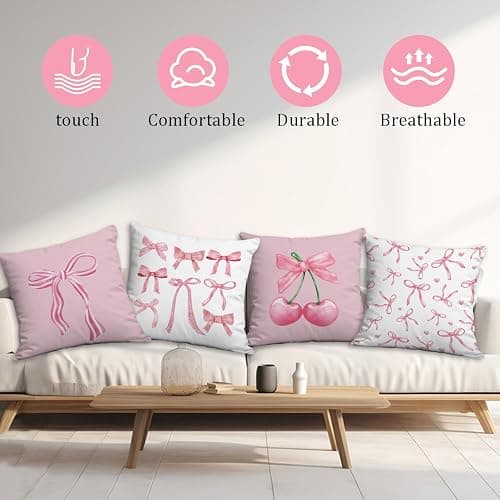 4 Packs Plush Fabric Cushion Covers, 45x45cm Pink Pillowcase for Home Decor Double-Sided Printing Watercolor Room Decor for Teen Girls Cute Coquette Pillow Covers for Living Room Decoration (B) thumbnail 4