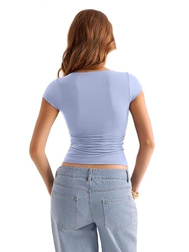 EasyGala Womens Double Lined Cap Sleeve Tops Boat Neck Shirts Slim Fitted Going Out Tees Y2k Clothes 2025 thumbnail 5