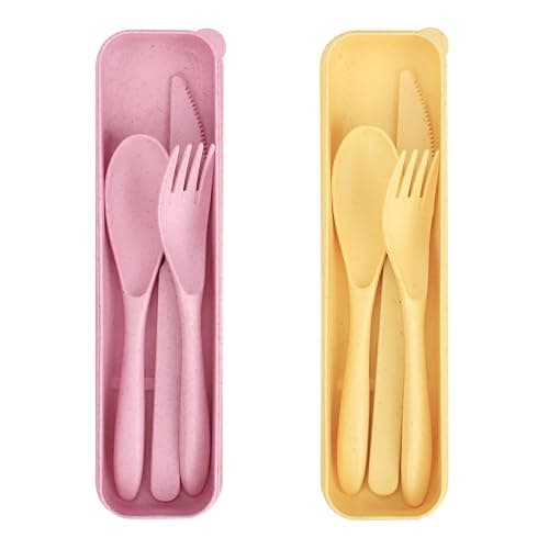 2 Sets Reusable Utensil Set with Case, Portable Camping Fork Knife Spoon Set, Utensils for Party, Travel, Work, Picnic, Daily Use (Yellow, Pink) - Image 1
