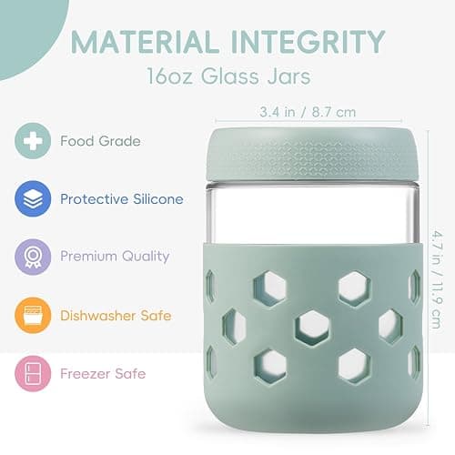 Gemice 6-Pack 16oz Glass Mason Jars with Silicone Sleeves, Airtight BPA-Free Overnight Oats Containers with Lids, Dishwasher Safe Leak-Proof Meal Prep Jars for Chia Pudding, Yogurt, Snacks thumbnail 2