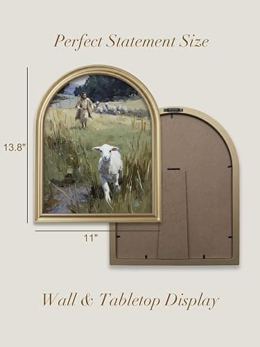 TwoDays Gold Vintage Christian Jesus Arched Wood Framed Wall Art – Jesus Leaves the 99 Sheep Canvas Picture, Religious Farmhouse Artwork Prints Wall Decor for Living Room, Bedroom (11" x 13.8") thumbnail 3