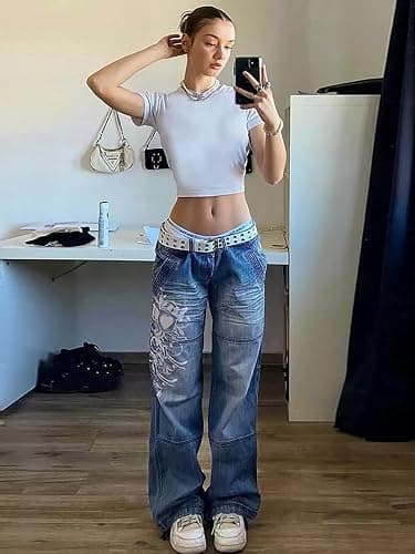 Xineicy Women's Low Rise Heart Pattern Baggy Jeans Washed Wide Leg Denim Cargo Pants thumbnail 6