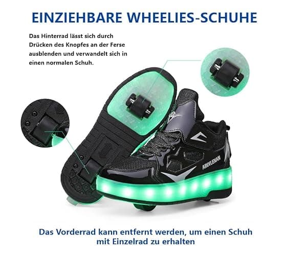 HUSKSWARE Kids Shoes with Wheels – 2-Wheel Roller Trainers for Boys Girls, LED Light-Up USB Rechargeable Retractable Sneakers, Outdoor Sports Skating Shoes EU 27-40 Black Pink Gold Silver White thumbnail 4