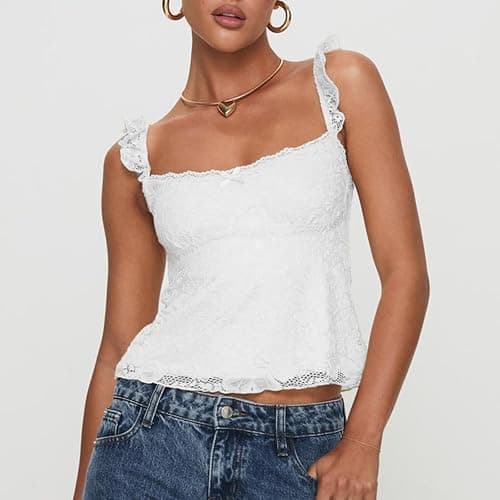 Women Lace Tank Top Vintage Floral Cap Sleeve Crop Tops Sheer Going Out Tops thumbnail 2