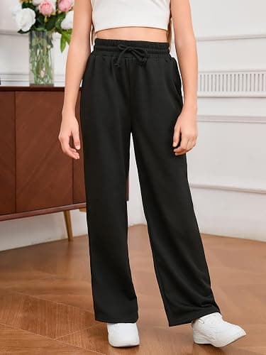 SOLY HUX Girl's Straight Wide Leg Sweatpants Casual High Waisted Baggy Joggers Track Pants - 10 Years - Plain Black thumbnail 4