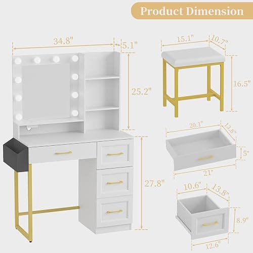 BONITURE Vanity Desk with Mirror, LED Lights and Power Outlet Makeup Vanity Table Set, Makeup Table with Stool 2 Drawers, 3 Color Modes Available for Bedroom,White+Gold thumbnail 2