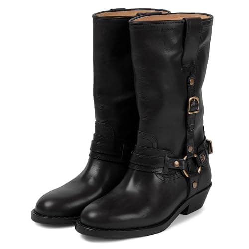 Elbslutt Mid Calf Boots For Women Chunky Low Heel Riding Booties Motorcycle Biker Round Toe Wide Calf Fashion Buckle Western Booties Trendy Stylish Shoes Boots - Image 1
