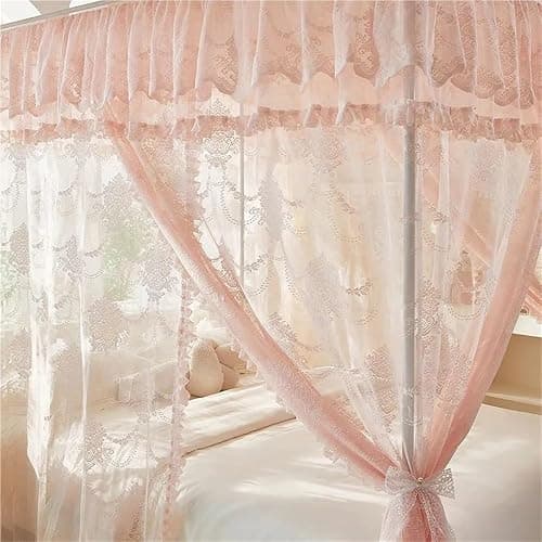 Miusocal Three-Door Floor Standing Bed Canopy with Metal Frame, Lace Canopy Bed Curtain, Elegant Lace Princess 4 Corner Post Mosquito Net, Bedroom Decoration(Pink,W78.7 x L86.6in) thumbnail 7